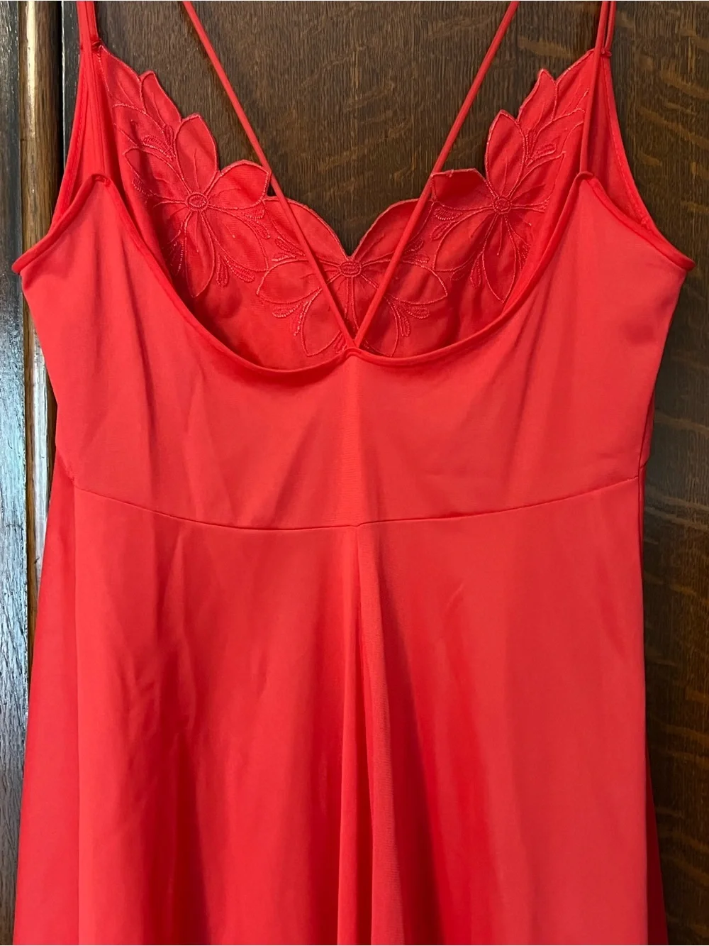 VINTAGE Red Lace-Detail Long Slip Chemise Size Small